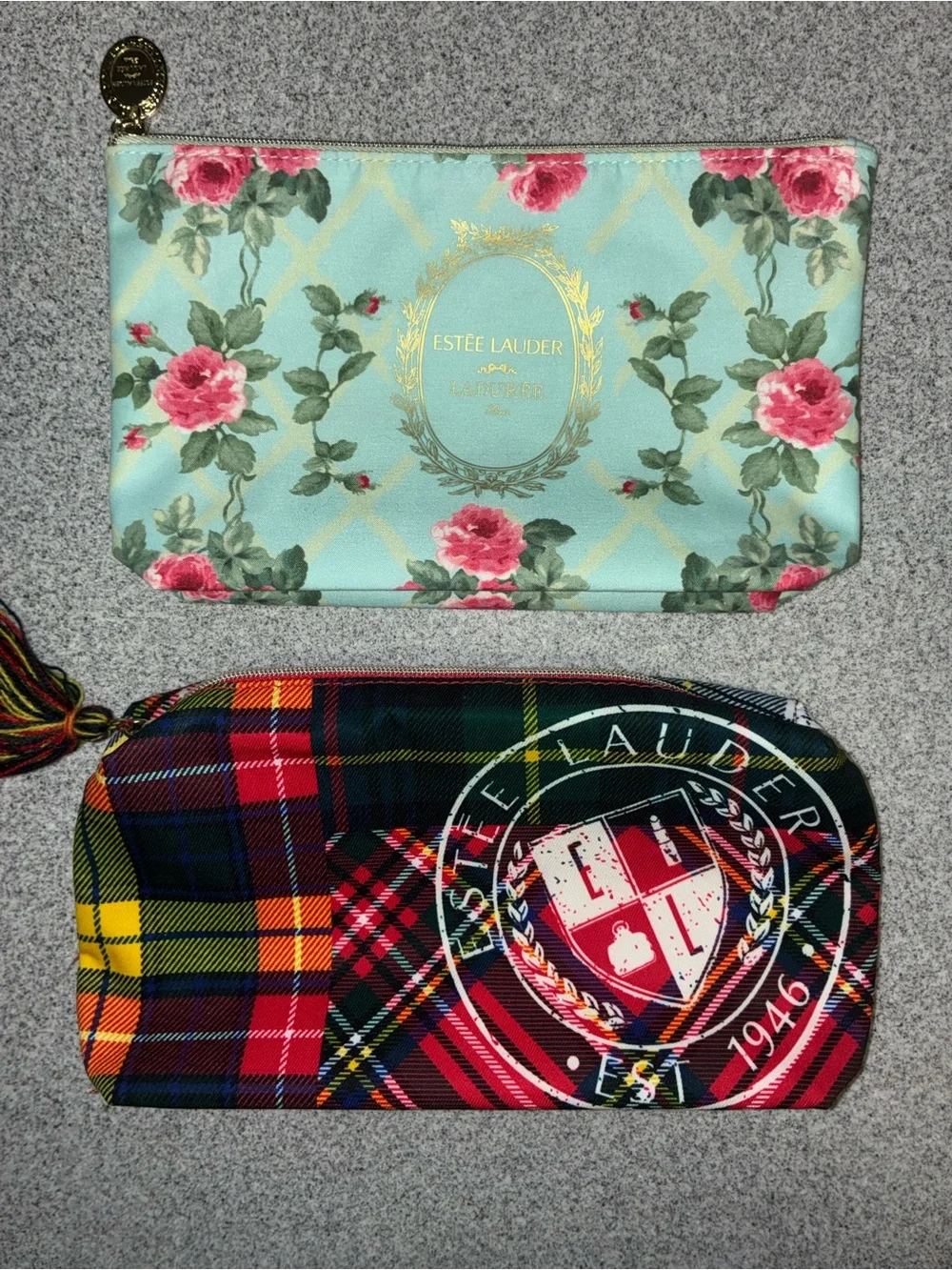 Estée Lauder Floral Cosmetic Pouch & Plaid Makeup Bag Set